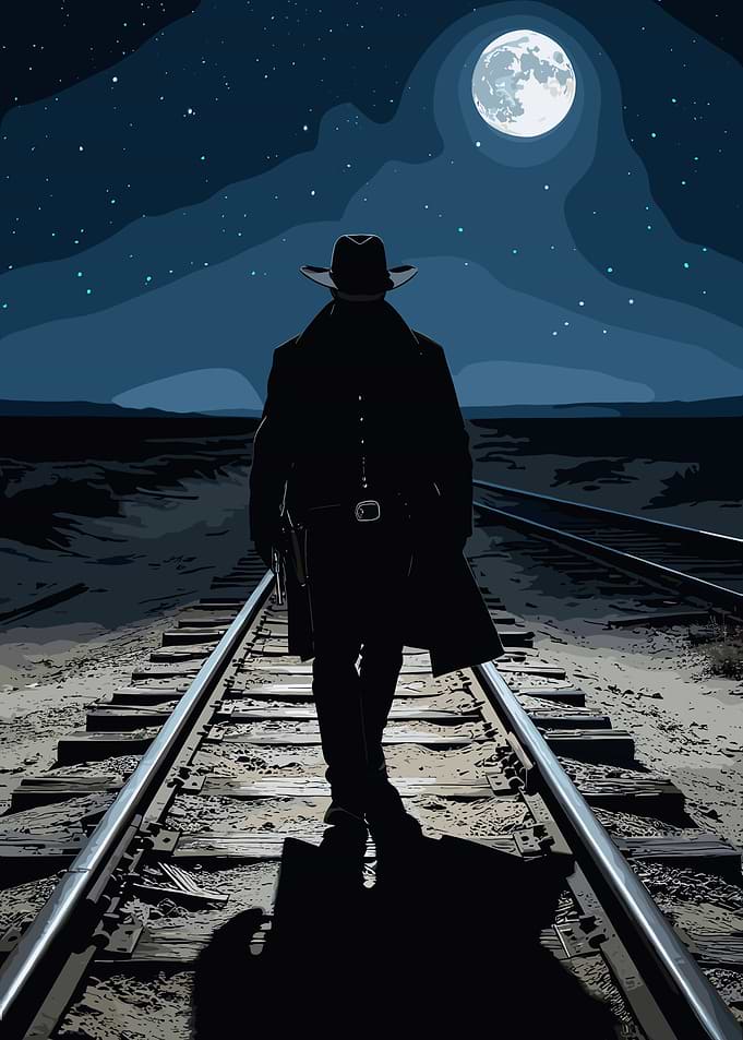Lone Cowboy on Railroad Tracks