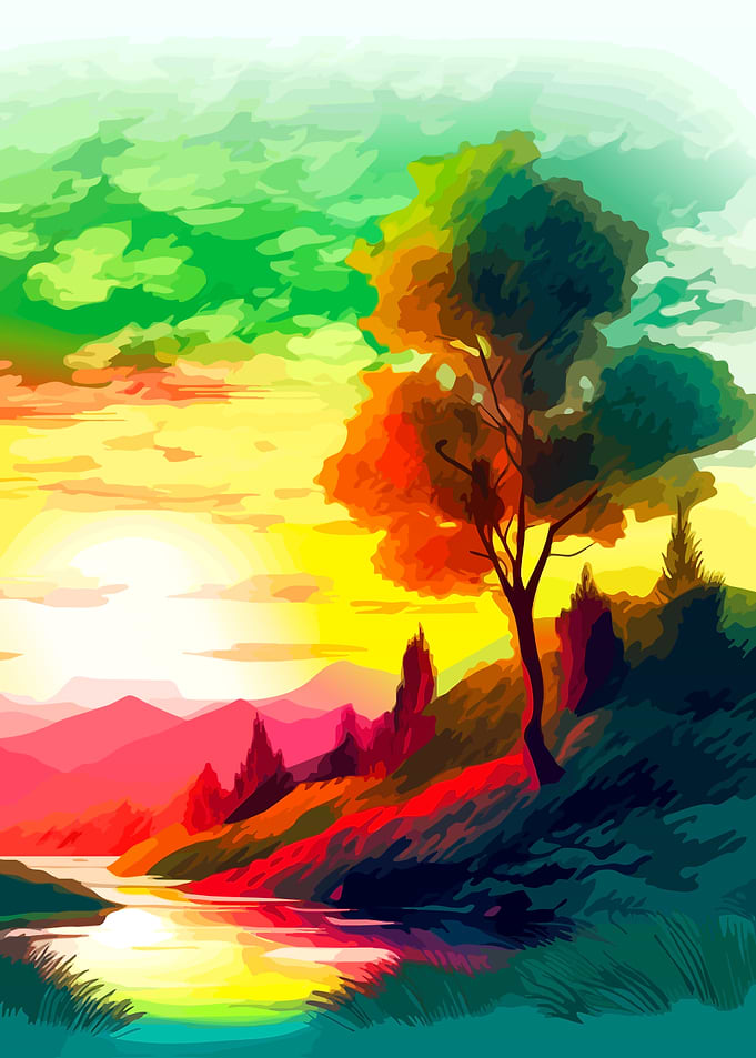 Vibrant Colorful Sunset Landscape Painting