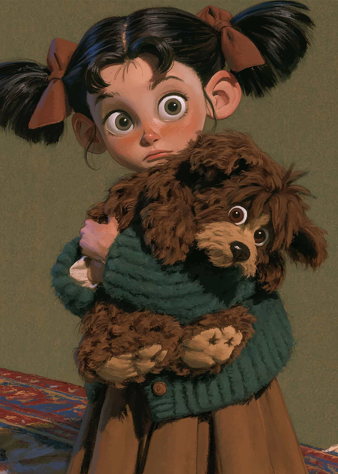 Girl with Pigtails Holding Plush Toy