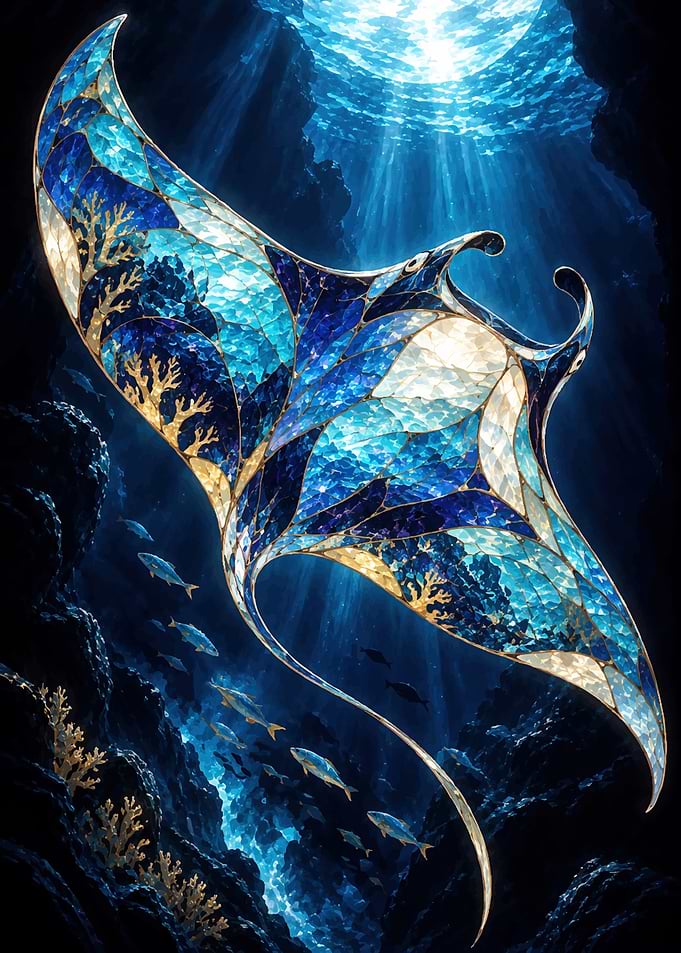 Stained Glass Manta Ray Underwater