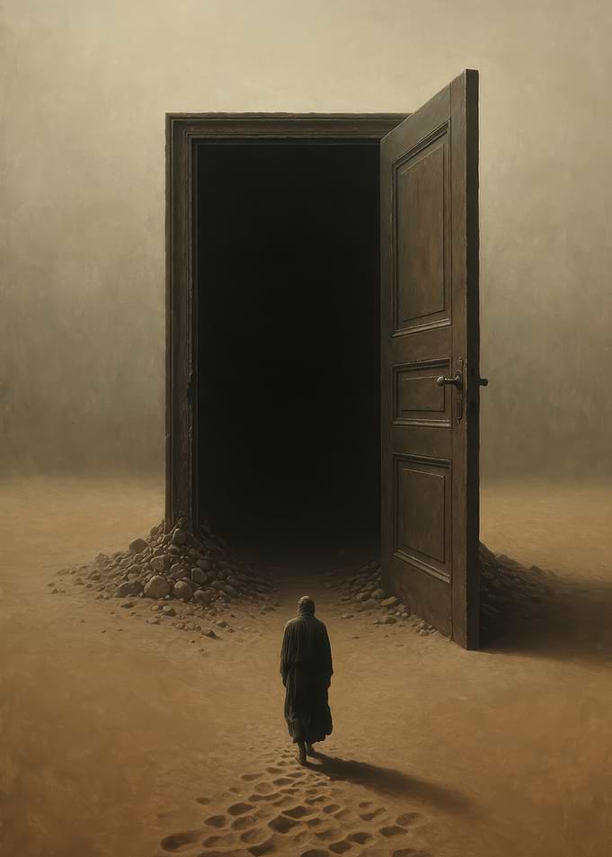Lone Figure Approaching Mysterious Doorway