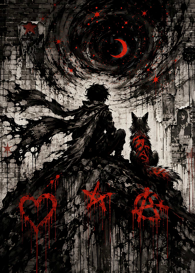 Dark Anime Boy and Wolf Silhouette