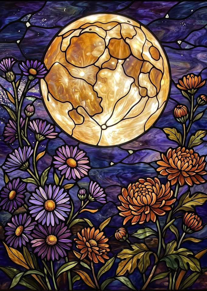 Stained Glass Moon and Flowers
