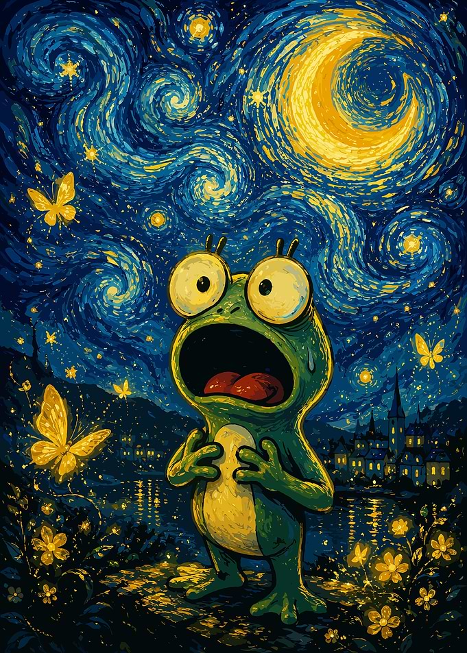 Surprised Frog Under Starry Night Sky
