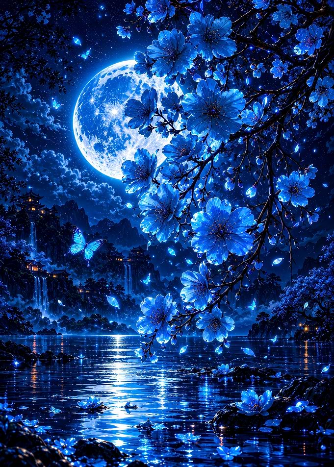 Glowing Blue Cherry Blossoms at Night
