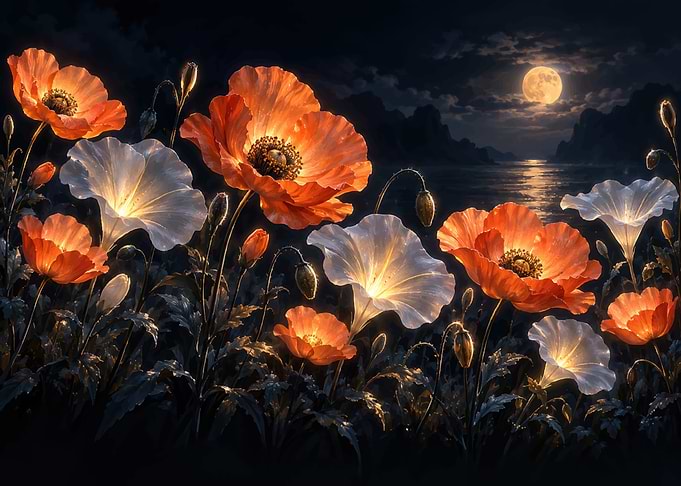 Glowing Poppies Under Moonlight