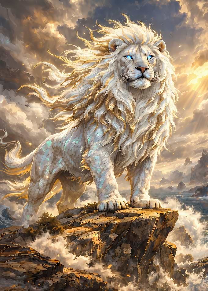 Majestic White Lion on Cliff