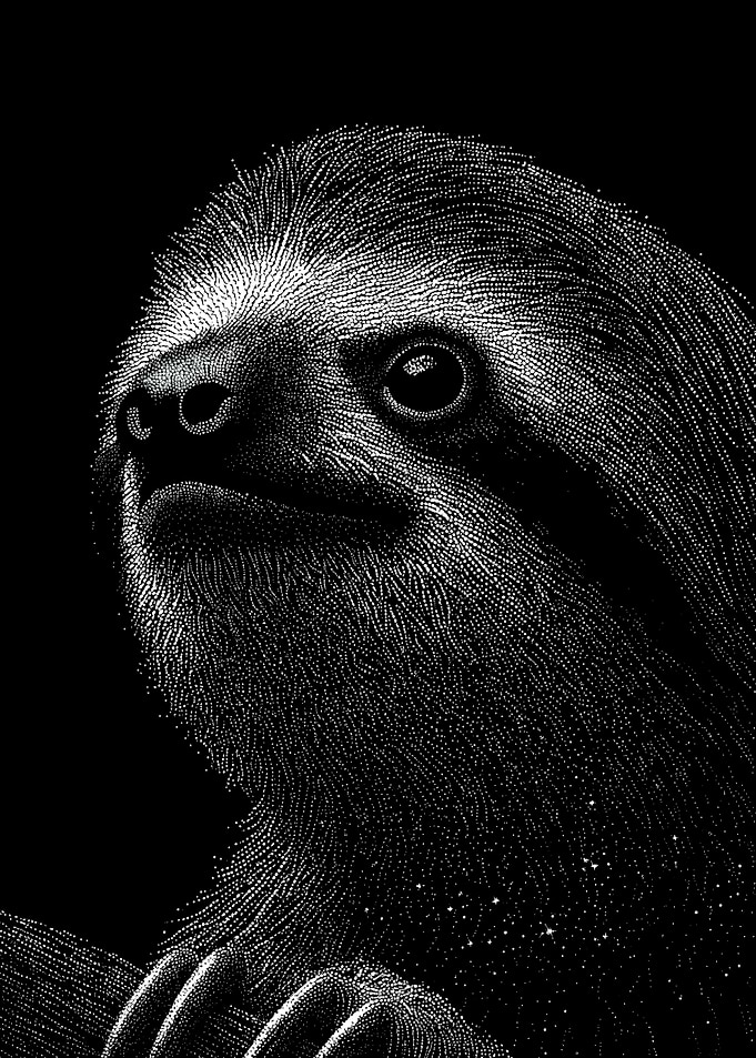 Peaceful Monochrome Sloth Portrait In Stipple Dotwork