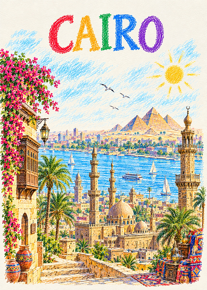 Colorful Cairo Travel Poster Illustration