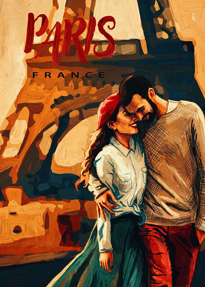 Romantic Couple Paris Travel Vintage Oil Painting