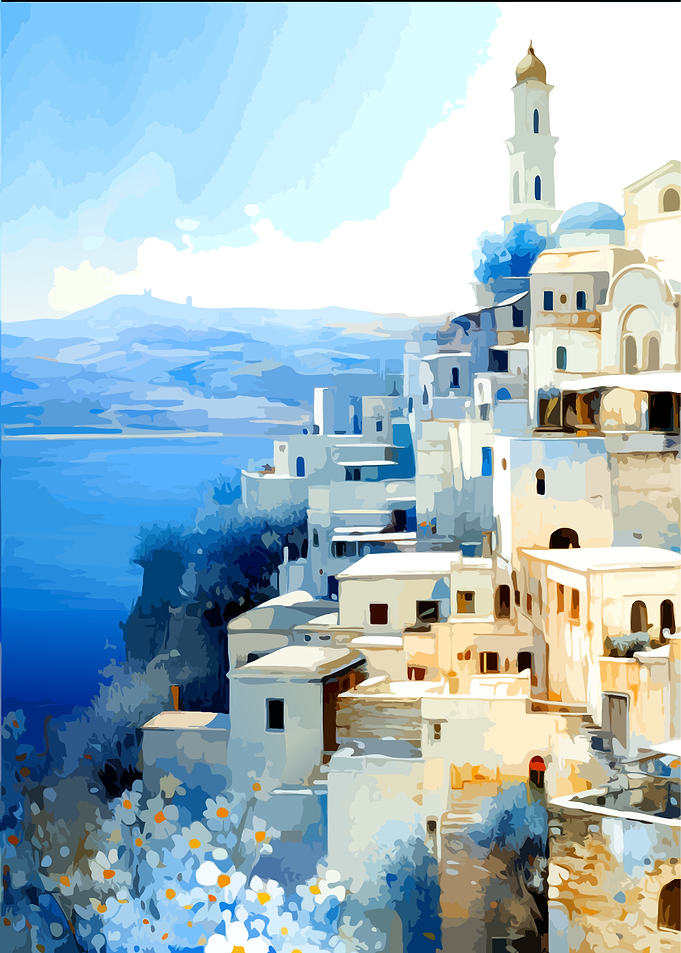 Santorini Coastal Village Painting