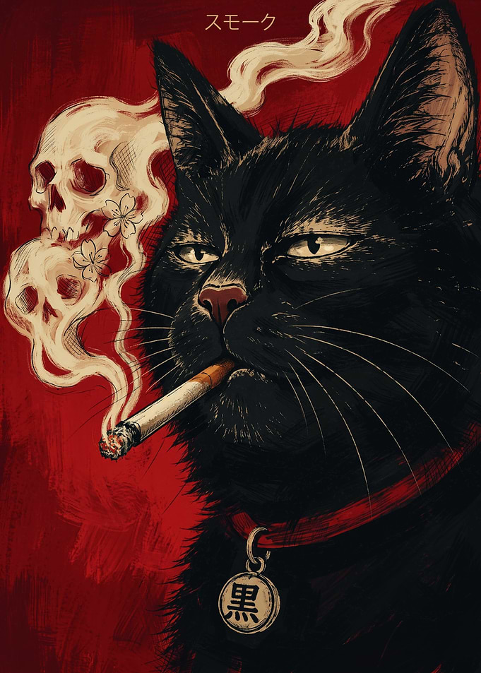 Smoking Black Cat Japanese Art Vintage Manga Illustration