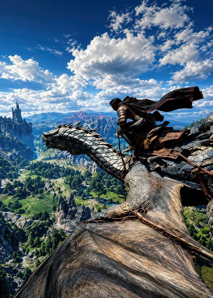 Dragon Rider Soaring Over Fantasy Kingdom
