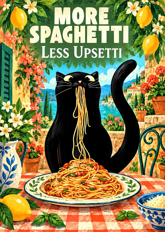 More Spaghetti Less Upsetti Cat Poster