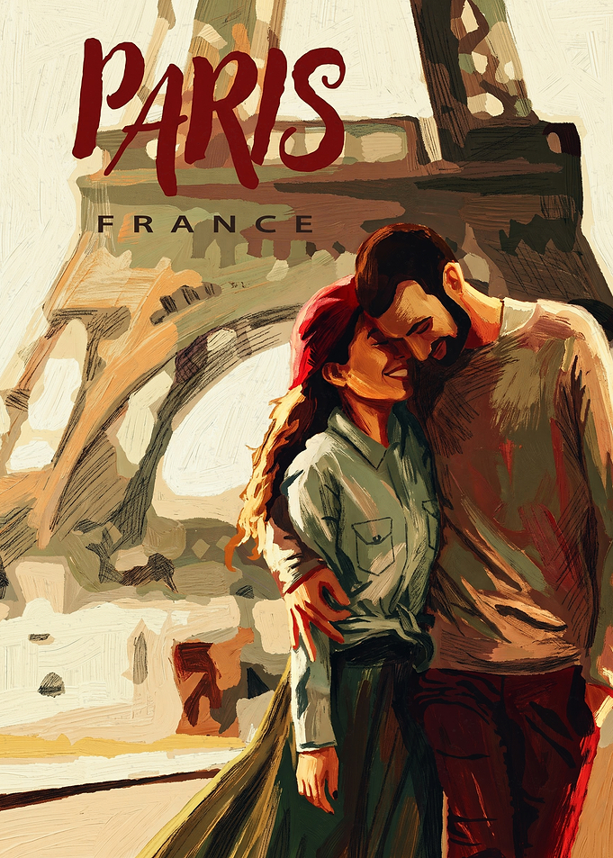 Romantic Couple Paris Travel Oil Painting
