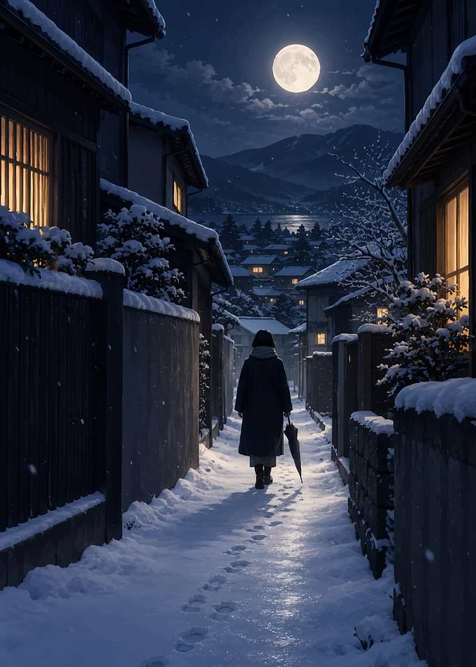 Person walking through snowy Japanese alley