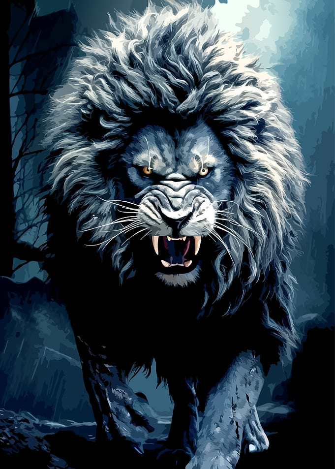 Fierce Snarling Lion in Dark Forest