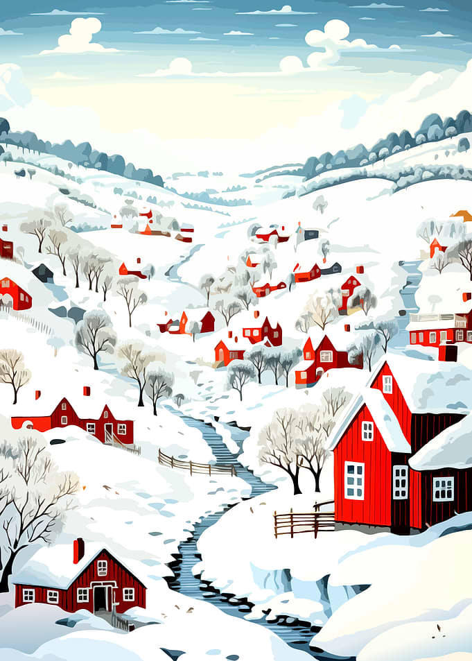 Cozy Red Houses in Snowy Valley