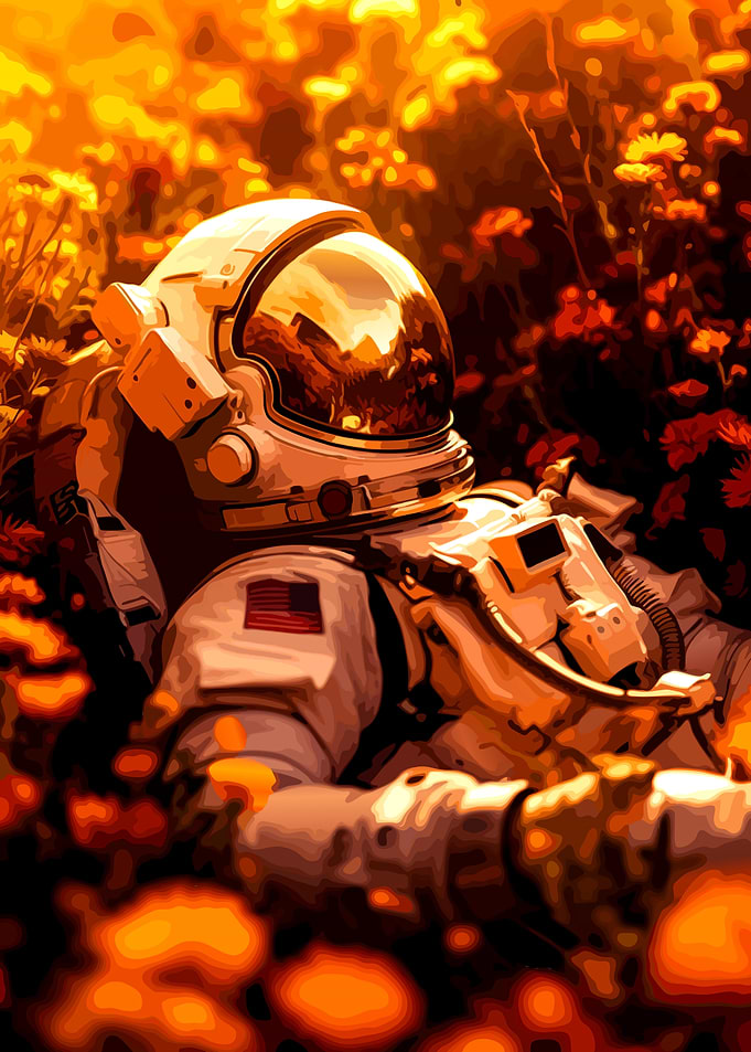 Astronaut Resting in Golden Flowers