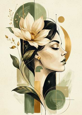 Floral Woman Botanical Portrait Boho Abstract Sketch