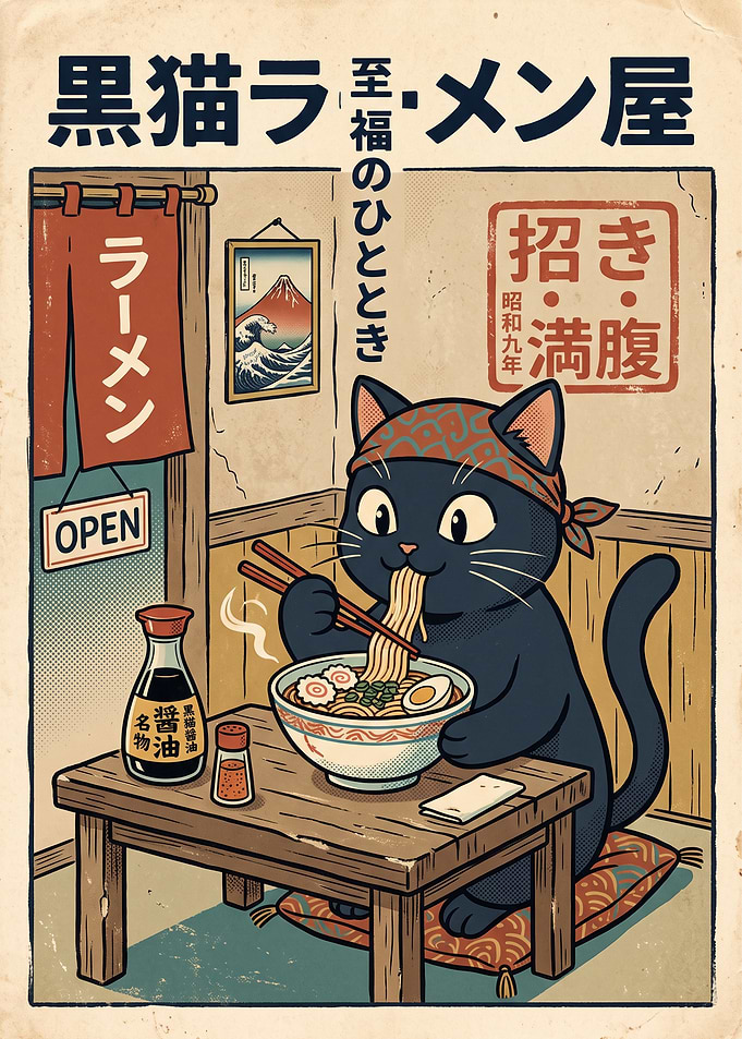 Black Cat Eating Ramen Vintage Poster