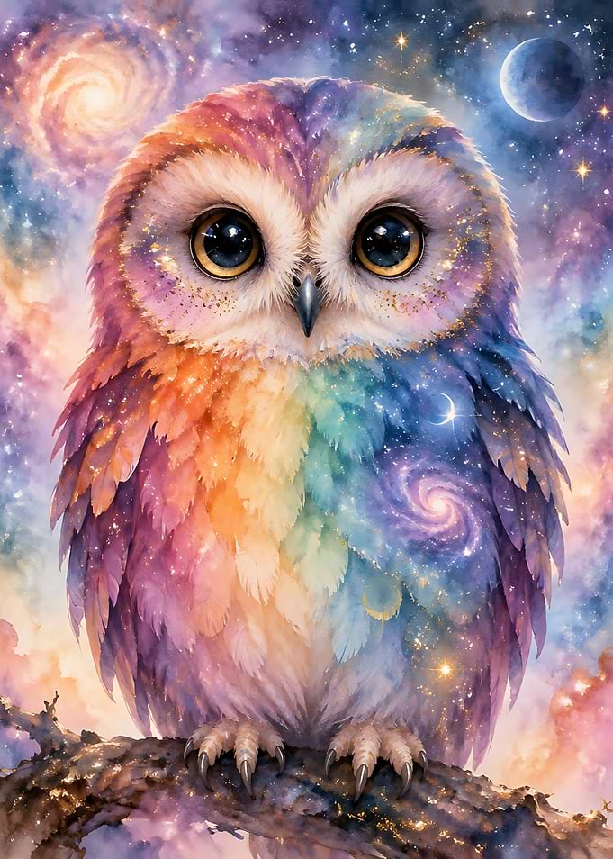 Cosmic Rainbow Owl Portrait