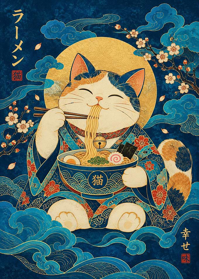 Calico Cat Eating Ramen Illustration