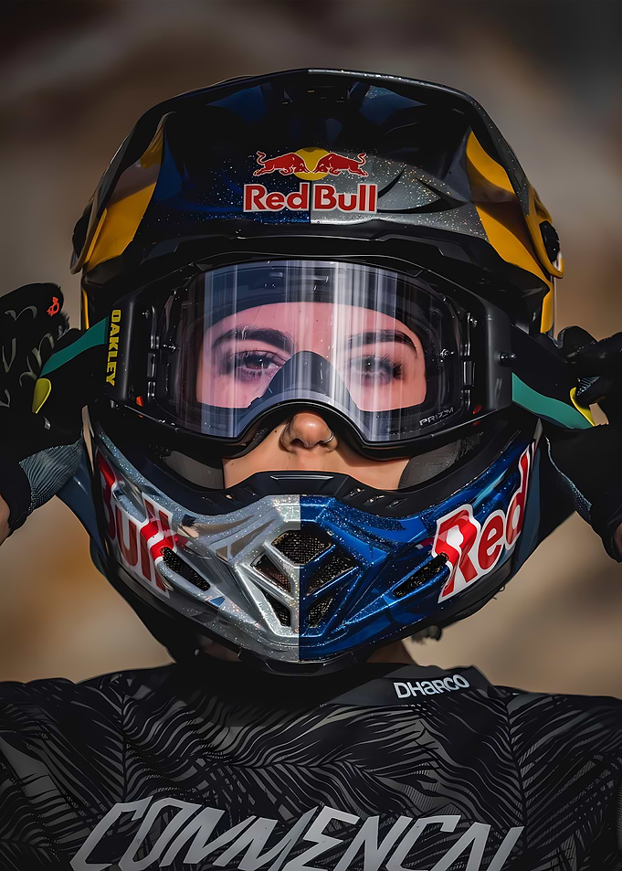 Female Mountain Biker in Red Bull Helmet