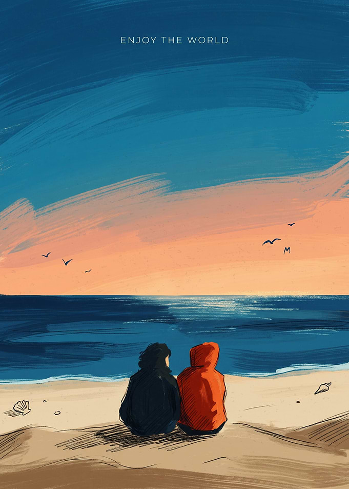 Couple Beach Sunset Travel Painterly Illustration