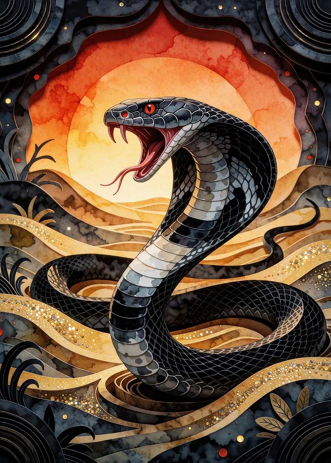 Striking Black Cobra in Desert Sunset