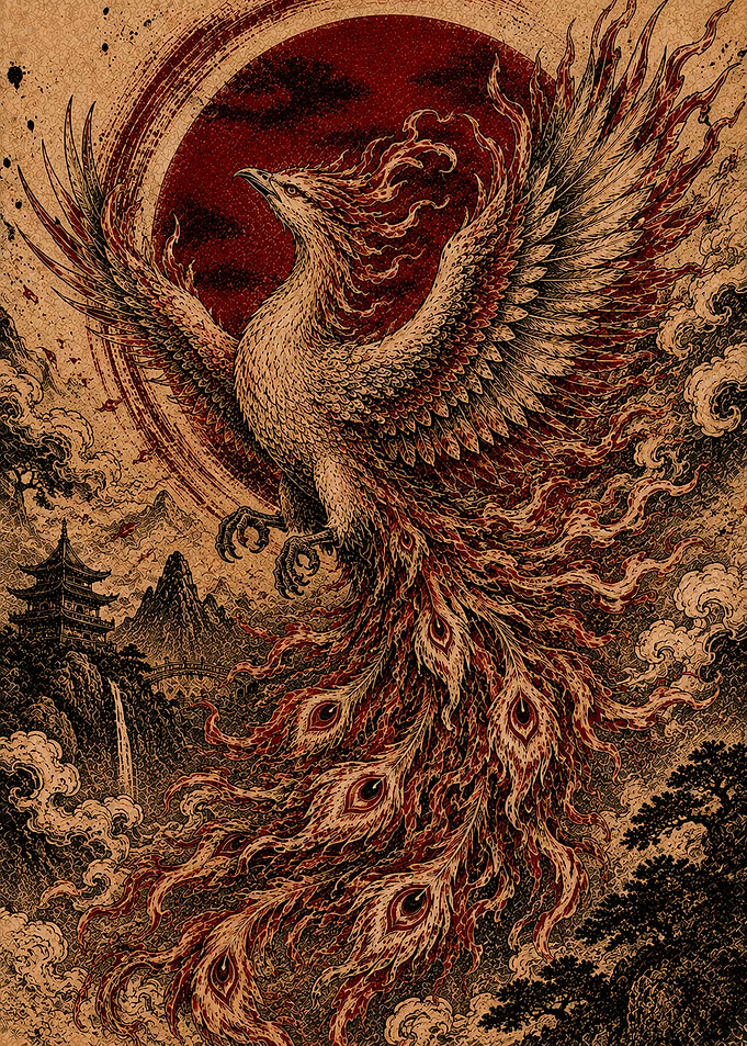 Japanese Phoenix Artwork Red Sun Firebird Woodcut Print