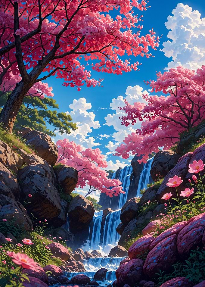 Sakura Cherry Blossom Waterfall Landscape Japan