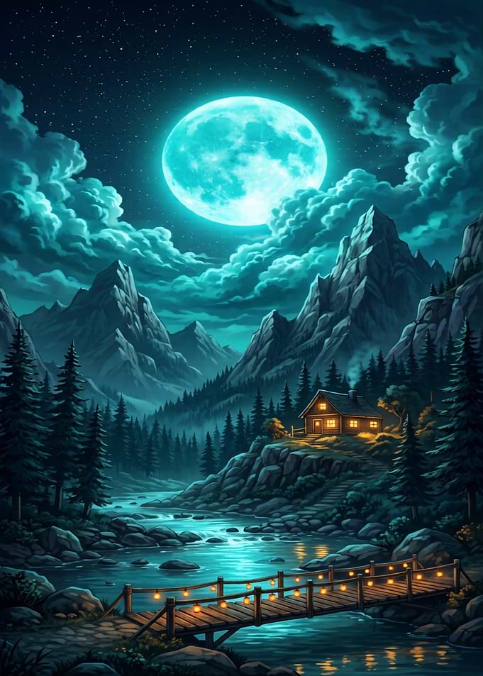 Moonlit Mountain Cabin and Bridge