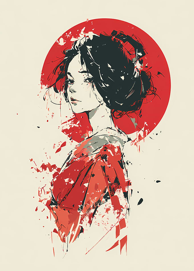 Abstract Geisha Portrait with Red Sun