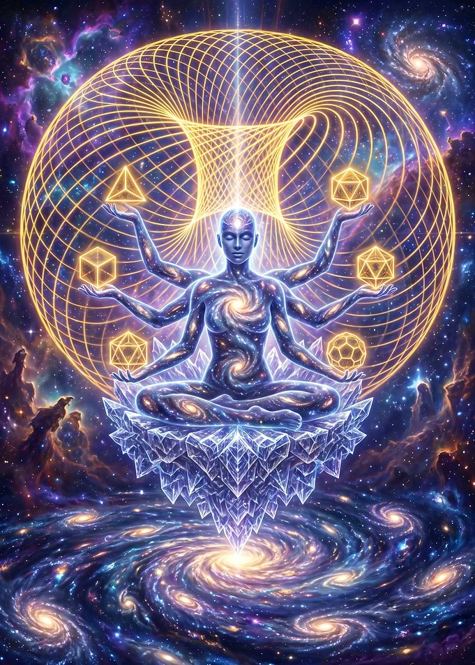 Cosmic Meditating Deity with Sacred Geometry