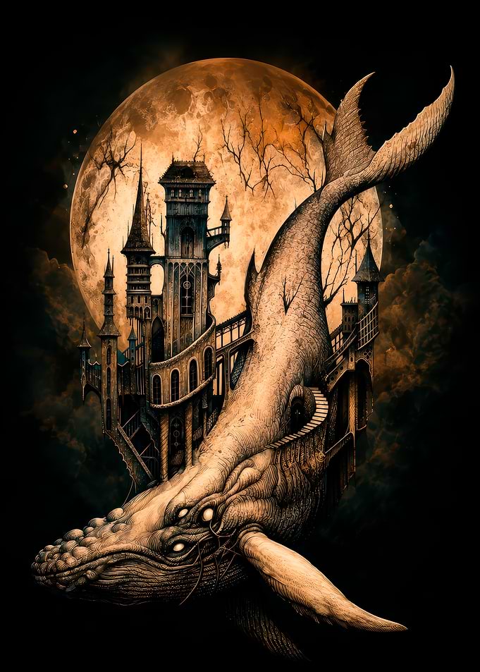 Gojira Surreal Whale Castle Under Full Moon