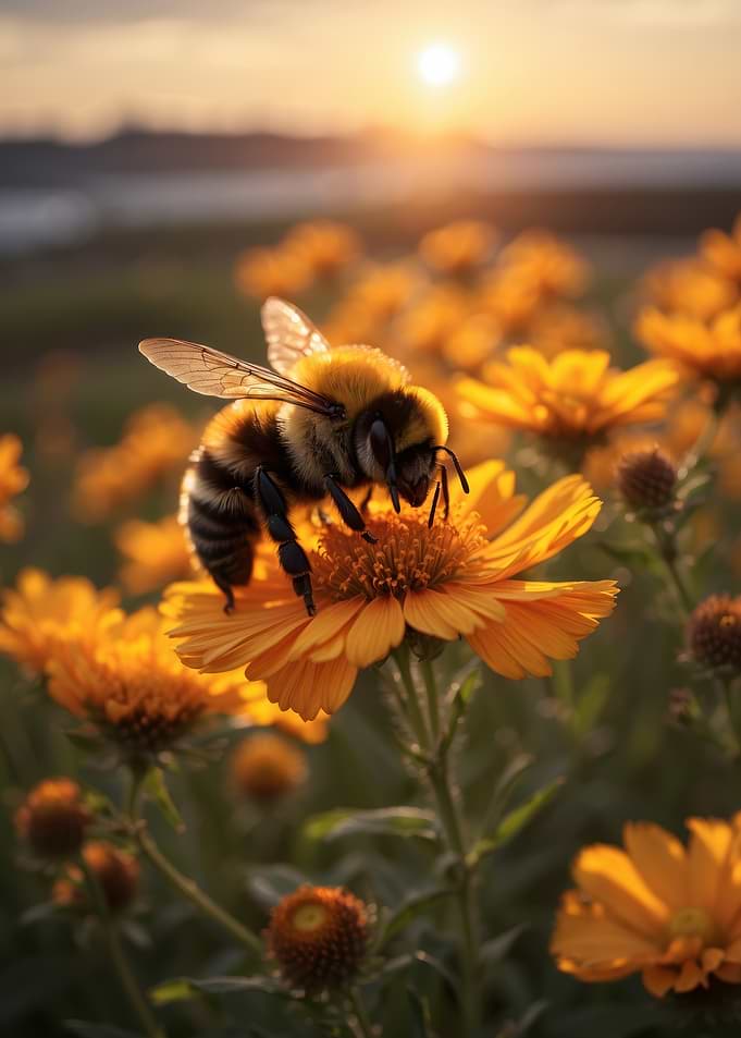Bumblebee on Orange Flower at Sunset