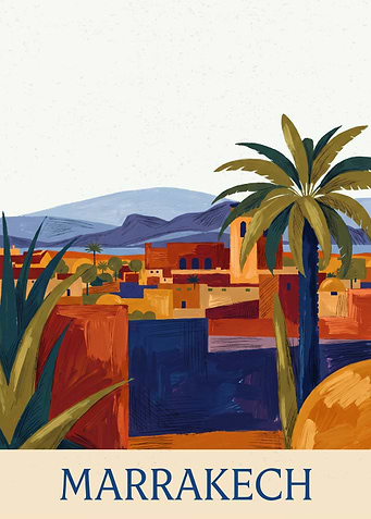 Marrakech Morocco Travel Cityscape Retro Gouache Painting