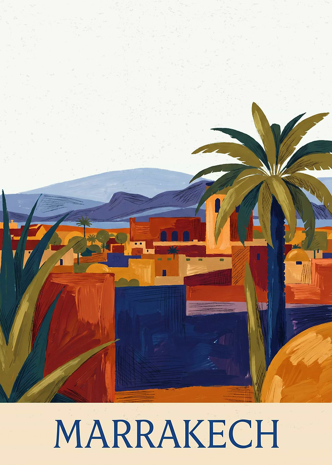 Marrakech Morocco Travel Cityscape Retro Gouache Painting
