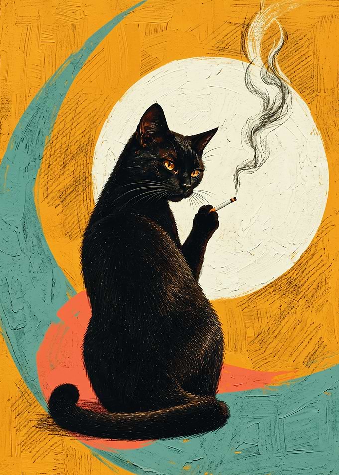 Smoking Black Cat Retro Oil Painting