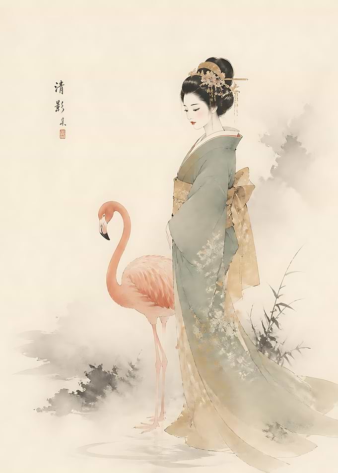 Geisha and Flamingo Watercolor Illustration