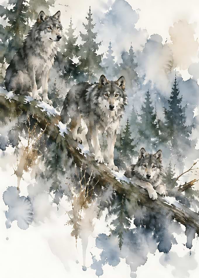 Three Wolves in Snowy Forest