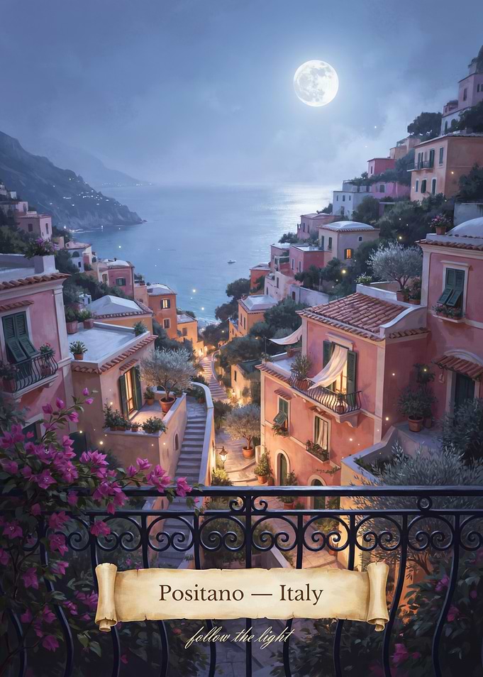 Positano Moonlit Balcony Streetscape — Romantic Mystical Mediterranean Night Art