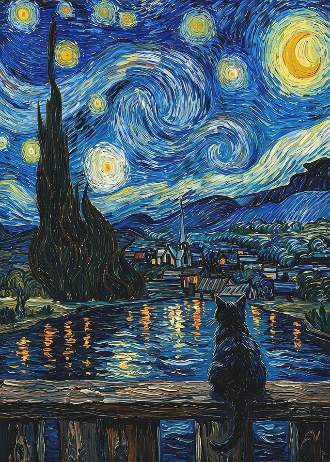 Black Cat Watching Starry Night