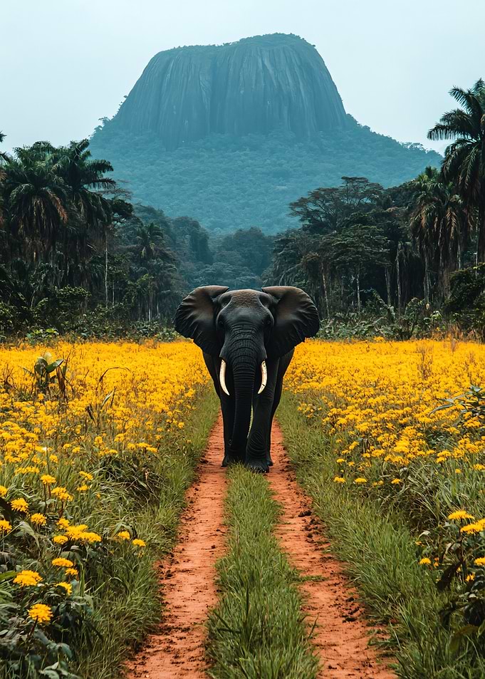 Elephant Walking Through Yellow Flower Field