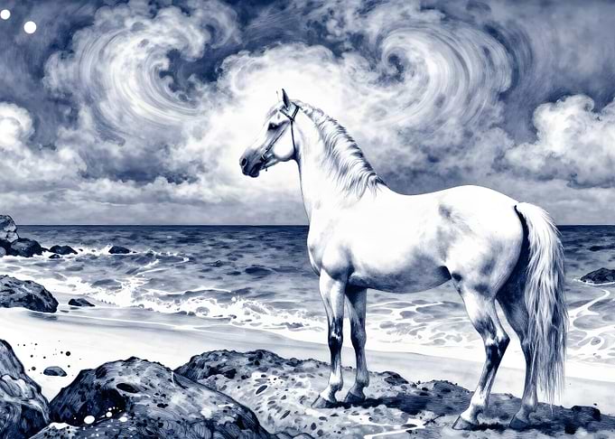 Majestic White Horse on Rocky Shore