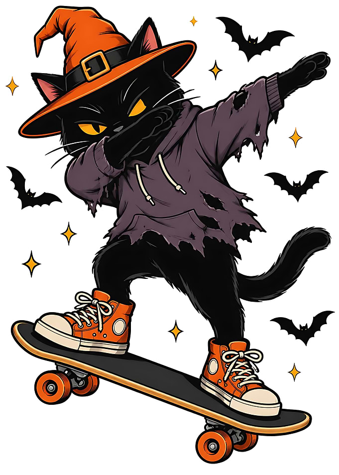 Dabbing Witch Cat on Skateboard