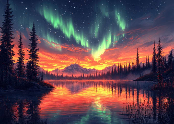 Aurora Borealis Over Mountain Lake