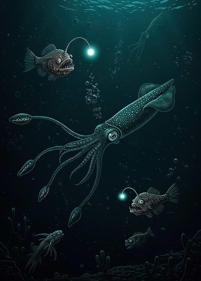 Deep Sea Creatures in Dark Ocean