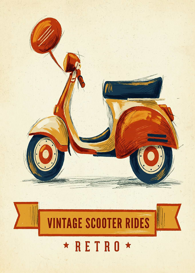 Vintage Scooter Retro Travel Sketch Illustration
